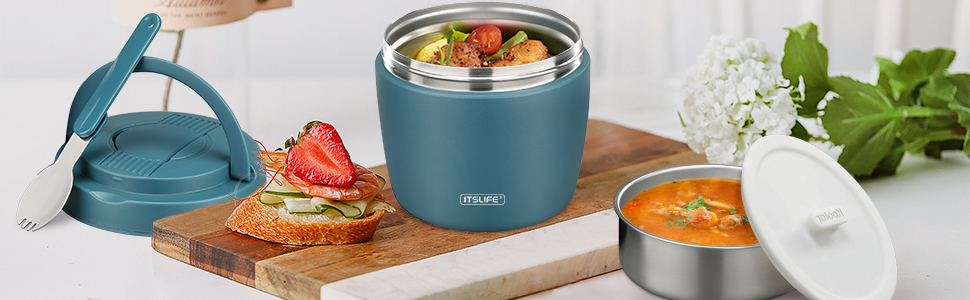 Термоконтейнер для їжі Itslife 970 мл, термоконтейнер з кришкою, з нержавіючої сталі з ложкою, термотермос для їжі, ланч-бокс для супів, дитячого харчування, каші (зелений, світло-блакитний)