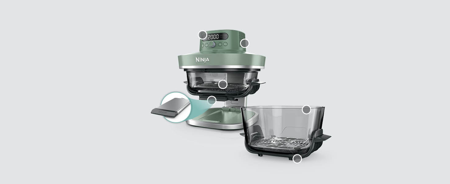 Скляна аерофритюрниця Ninja CRISPi PRO XL Air Fryer з 5 функціями, контейнерами CleanCrisp (5,7 л та 2,3 л) та кришкою для зберігання, колір моховий зелений, AS090EUGN