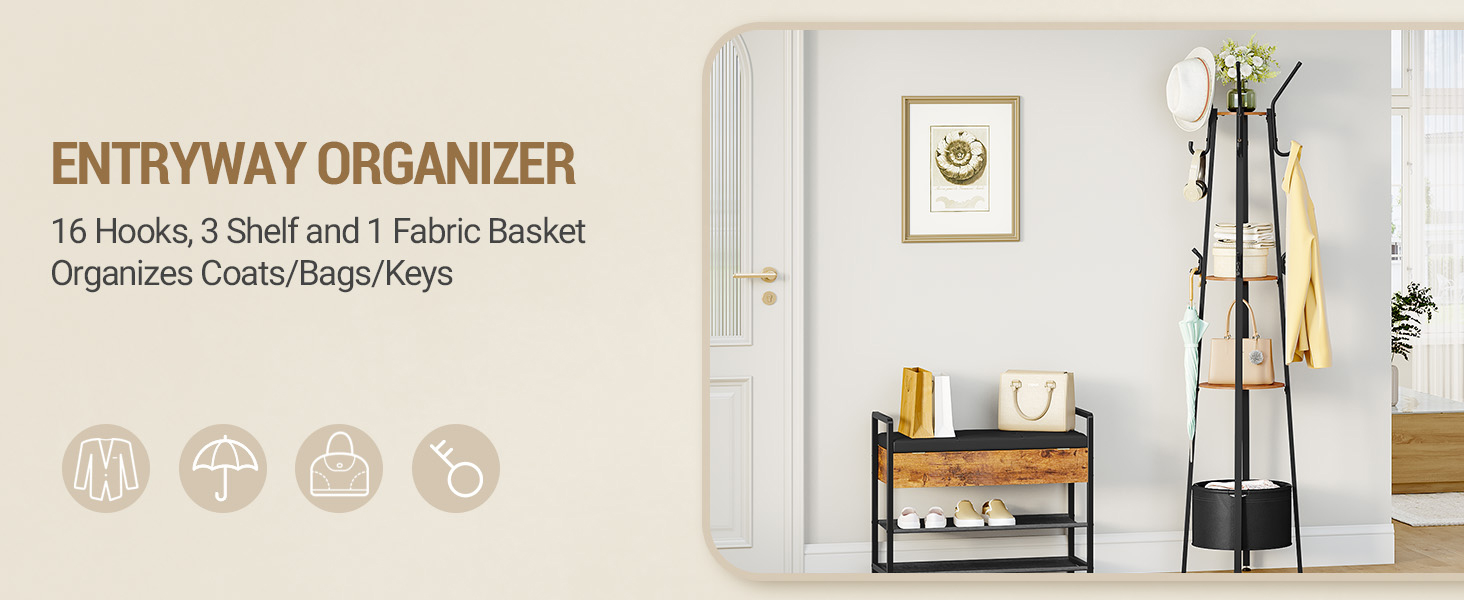 Вішалка для одягу Hzuaneri з великим кошиком для зберігання, 3 полиці, 16 гачків, 182,5 см, коричнево-чорна CR27301B