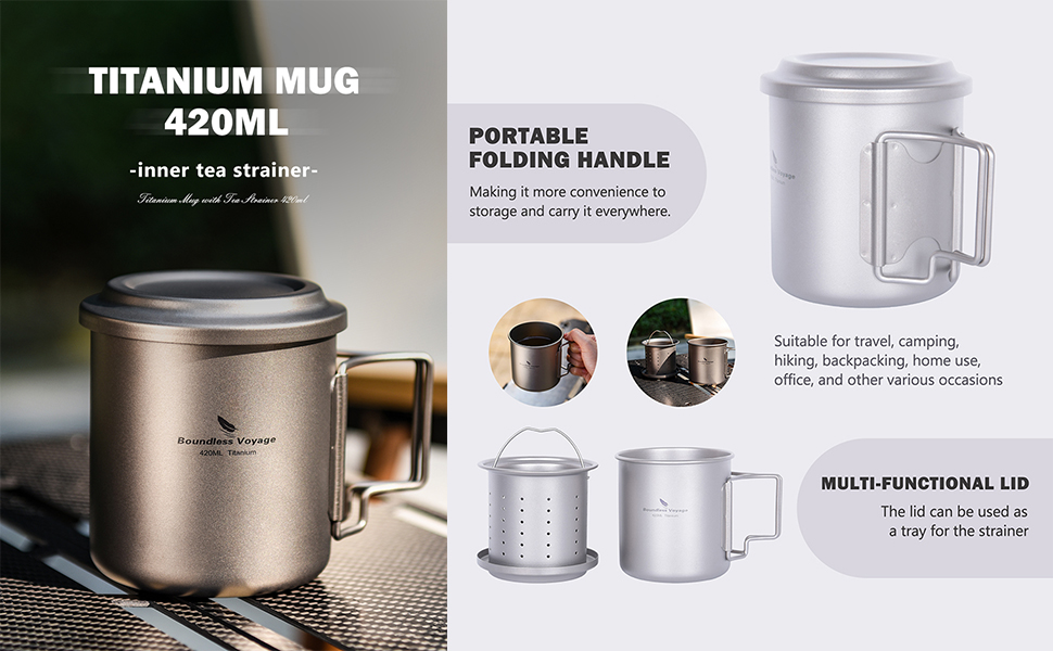 iBasingo чашка Titan 420мл з ситечком для чаю та кришкою. Легка туристична чашка з фільтром, для кемпінгу, подорожей, пікніків. Модель Ti3054D