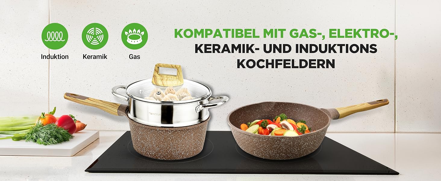 Набір посуду NutriChef Сандбраун 22 предмети: антипригарні каструлі та сковорідки з мармуровим покриттям, включаючи щипці для грилю, форму для випічки та рукавиці для духовки. Підходить для індукційних плит, можна мити в посудомийній машині