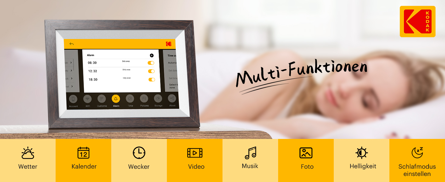 Цифровий фоторамка KODAK WiFi з сенсорним екраном IPS HD 10.1 дюйма, 32GB, автоматичне обертання, Wi-Fi, для стін, ділитися фотографіями звідусіль, темно-коричневий (білий каркас)