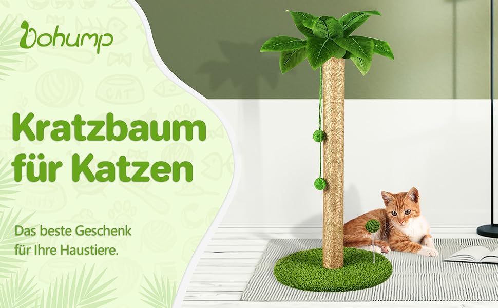 Котяче дерево Dohump, 78-сантиметровий кігтеточний стовбур для кішок, стовп для кігтеток з натуральної сизалевої мотузки, два інтерактивних підвісних м'яча і весняний іграшковий м'яч для кошенят і кішок в будинку, темно-зелений 78-сантиметровий темно-зелений