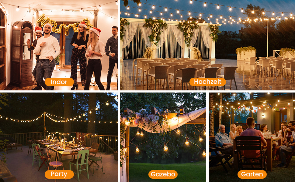 LED гірлянда для вулиці, 20 метрів, G40, 30+2 лампочки, пластик, IP44, вологостійка, для саду, вечірки, тепле світло, 20м, EU