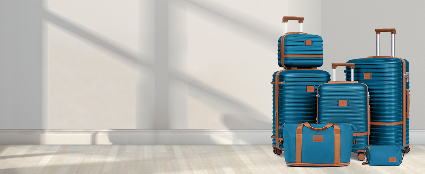 Набір валіз Joyway 6шт з жорстким корпусом, beauty-кейс, косметичка, 4 колеса, TSA-замок, морсько-коричневий (блакитний/коричневий), набір ручної поклажі 4шт