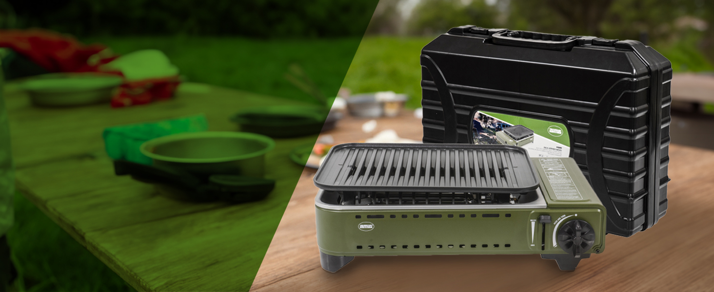 Газовий балонний пальник Amig CAMP01 з 1 конфоркою, вбудованим вітрозахистом та нержавіючою сталею, 2.2 кВт, сумісний з картриджами B-250