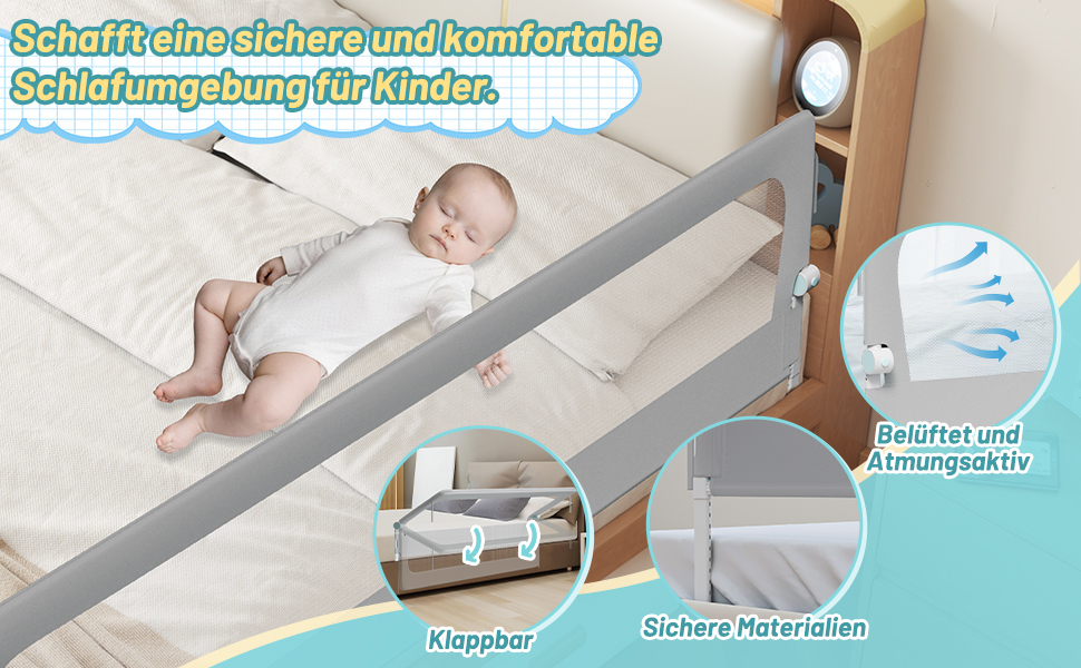 Бортик для ліжка дитячого 200 см, сірий, складаний на 180 градусів, регульована висота 72-86 см, з ременями кріплення