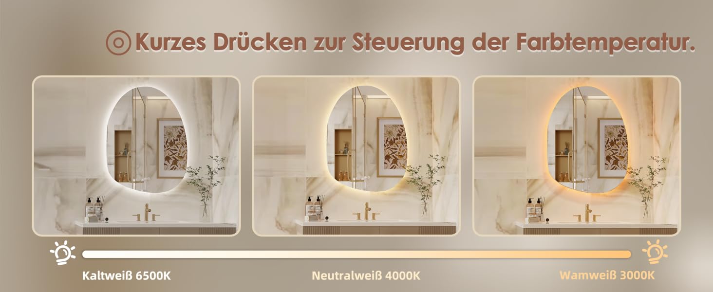 Дзеркало для ванної кімнати Dripex LED з підсвічуванням, сенсорне керування, регулювання яскравості, 3 кольори світла, без запотівання, 85x52 см