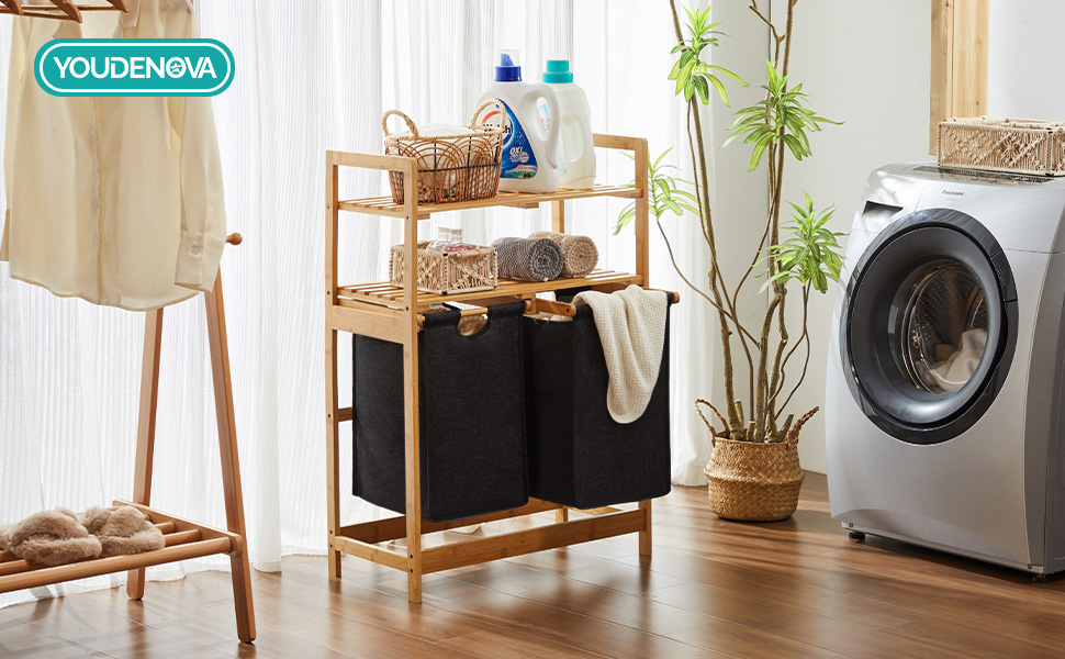 Кошик для білизни Youdenova з бамбукового каркасу, 2 відділення, 2 мішки для білизни, 93x64x33 см, 70 л, чорний