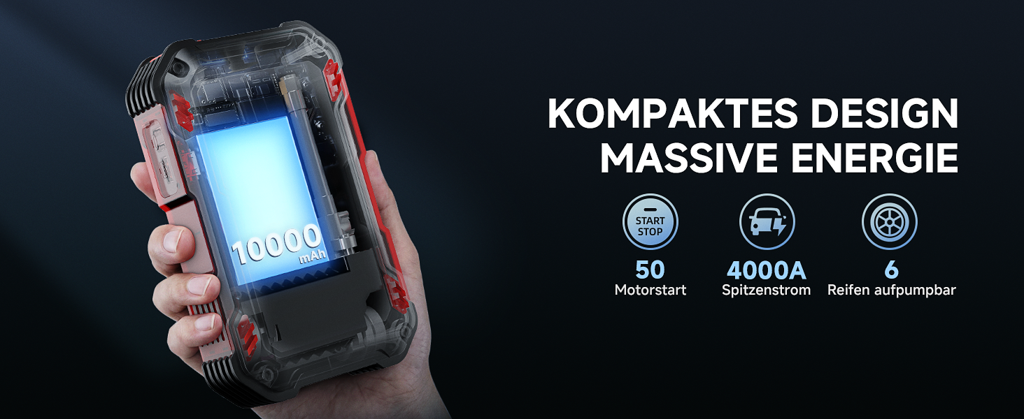 Пусковий пристрій RSH 4000A Jump Starter з компресором 150 PSI, бустер для авто 12V (бензин до 9.0L, дизель до 6.5L), Powerbank 10000 mAh та LED-ліхтарем, 4-в-1