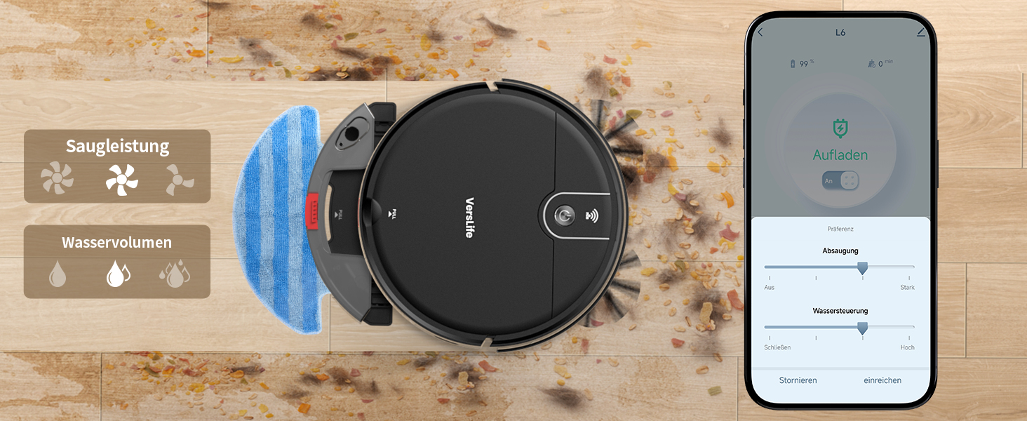 Робот-пилосос VersLife L6 з функцією миття, 4000Pa, керування через додаток, Alexa, до 120 хвилин роботи, ультратонкий дизайн, для видалення шерсті тварин, килимів та твердих підлог, чорний