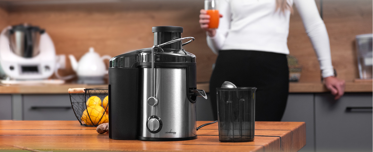 Електрична соковитискачка Lehmann: соковиті напої з овочів та фруктів, 2 швидкості, нержавіюча сталь, 1,5л контейнер для жмиху, 450мл контейнер для соку