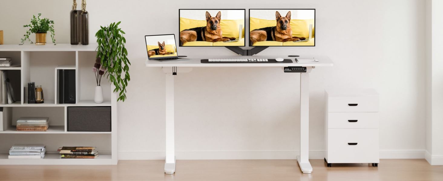 Регульований за висотою стіл Sanodesk з двомоторним приводом та вбудованим бездротовим зарядним пристроєм 15W, Smart Desk з 4 позиціями пам'яті, стільниця з масиву дерева 110x54 см, до 80 кг навантаження (110 x 54 см Pro, Білий)