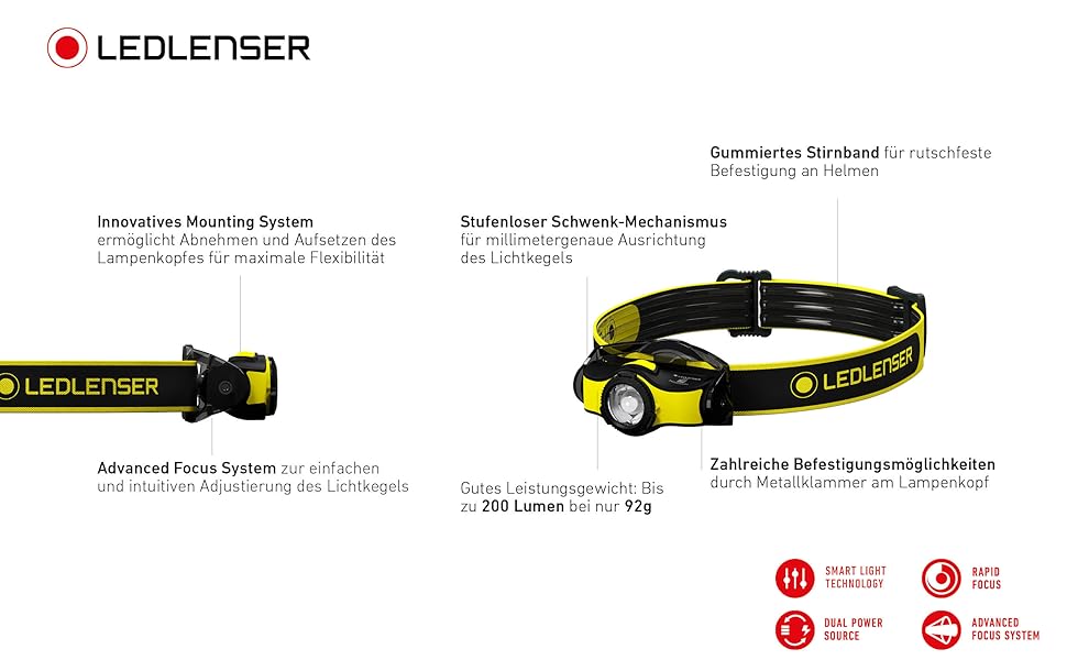 Професійний налобний ліхтар Ledlenser, з тримачем для шолома та сумкою на пояс, можлива робота в рукавичках, 600 люмен, з акумулятором, заряджається через USB, світло 158 г (iH5)