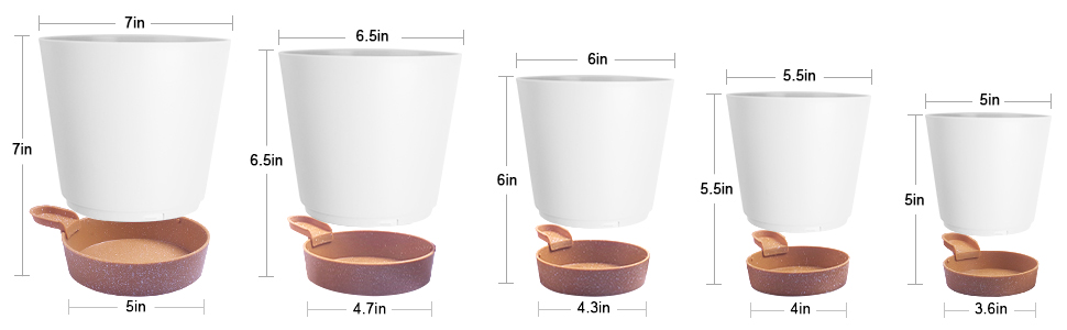5 шт. пластикові горщики для квітів з системою поливу, 17.8/16.5/15.2/13.9/12.7 см. Самополивні кашпо з підставкою, круглі горщики для квітів, сукулентів, кактусів, кімнатних рослин, балкона та саду, зелені (білий, коричневий)