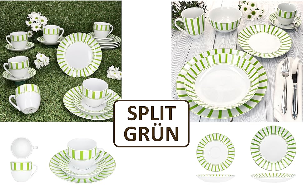 MamboCat Комплект посуду для кави та сніданку 18 предметів, зелений, для 6 осіб | Кавовий сервіз з порцеляни з смужками, 6 чашок 200мл, 6 підставок, 6 тарілок