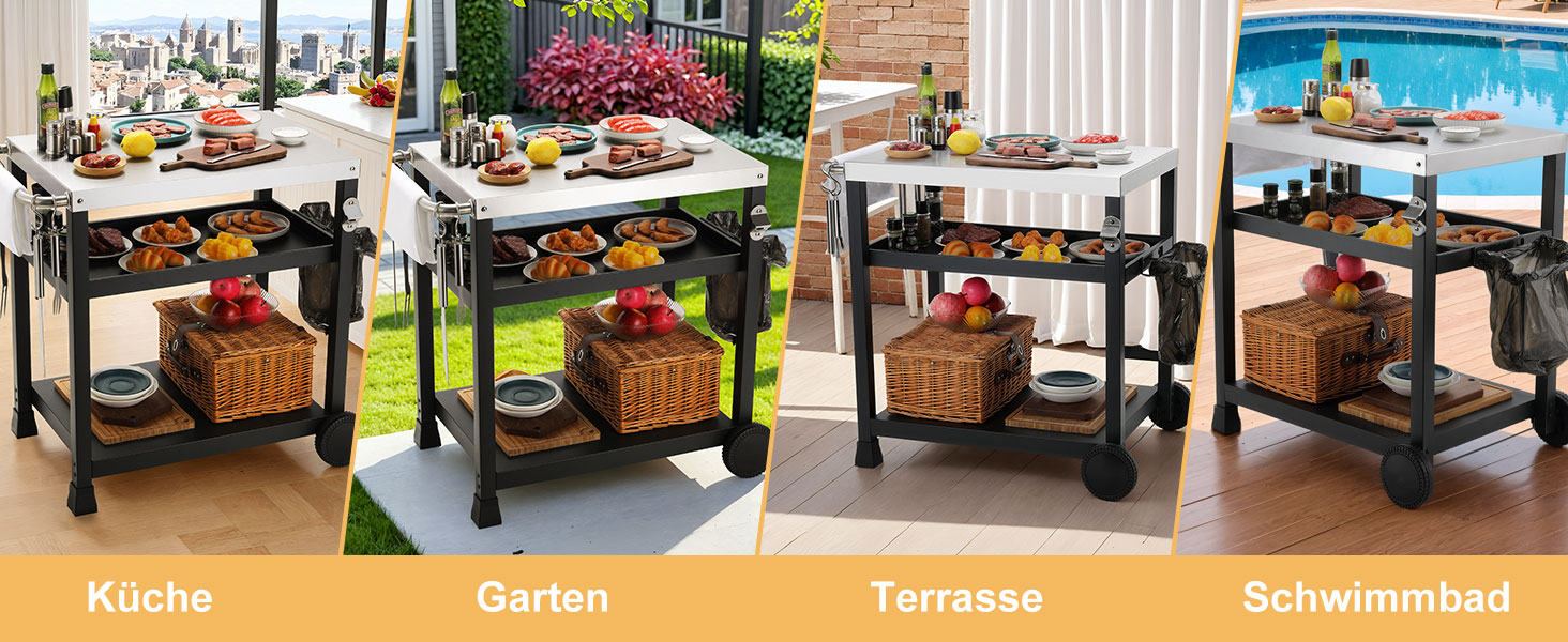 Grillwagen LIFERUN з нержавіючої сталі, 3 яруси, стіл для гриля, вуличний, з нержавіючою сталею, з гачками, на колесах