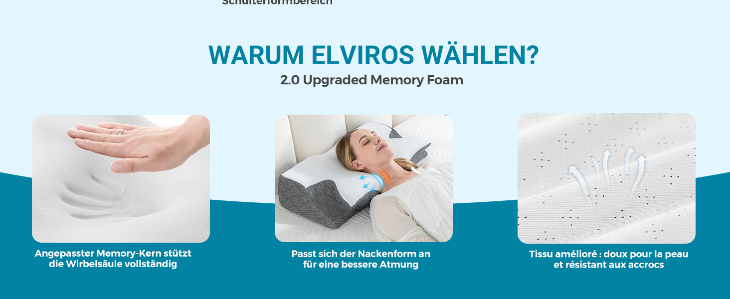 Ортопедична подушка Elviros з Memory Foam, ергономічна підтримка шиї для тих, хто спить на боці, спині та животі, знімний чохол, темно-сіра