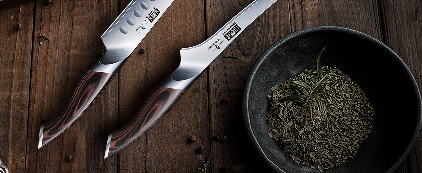 Набір кухонних ножів HOSHANHO 7 предметів: професійний набір з японської сталі з високим вмістом вуглецю, ультрагострі ножі з ергономічними ручками з паккавуда (2 ножі для обробки м'яса)