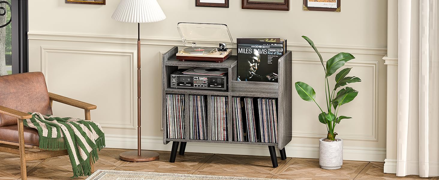 Стіл для програвача, стійка для вінілових пластинок середини століття з місцем для зберігання до 350+ альбомів, шафа для вінілу з регульованими полицями (Сірий)