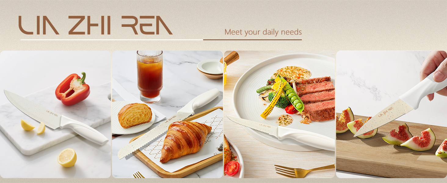 Набір ножів кухонних 15 предметів з точилкою, нержавіюча сталь, для нарізки, шинкування, нарізання кубиками, безпечний, (Білий)