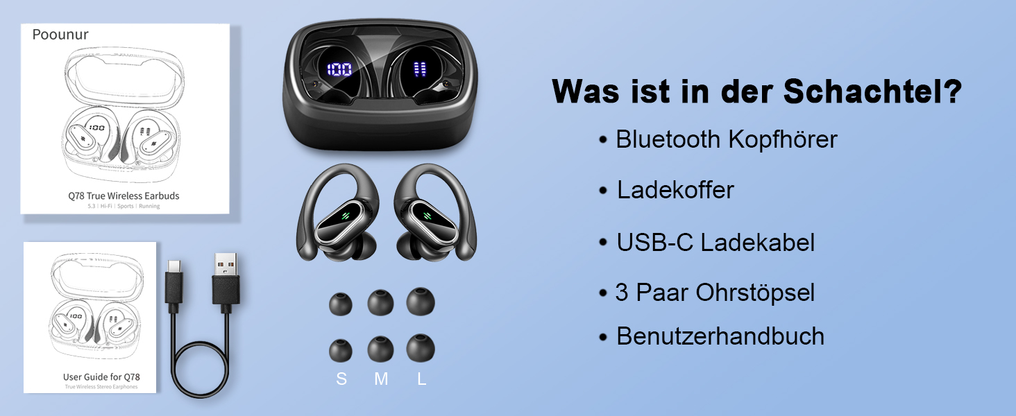 Спортивні навушники-вкладиші Bluetooth 5.3, 50 год HiFi, шумозаглушення, водонепроникність IP7, світлодіод (чорний)