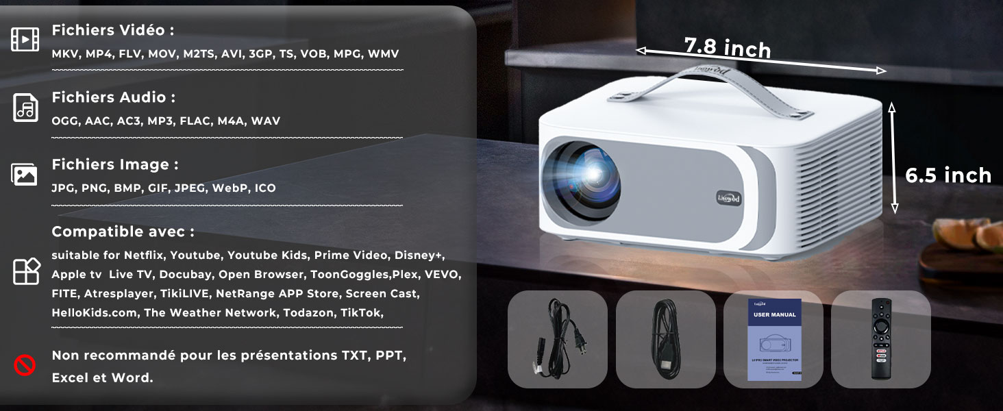 Портативний проєктор Beamer 4K з Dolby Audio, HDR10, WiFi6, Bluetooth 5.4, Auto Fokus, для домашнього кіно та перегляду спортивних подій, білий