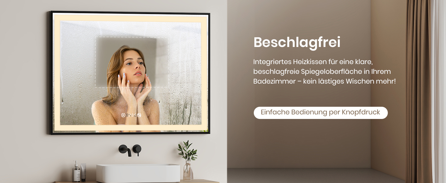 Дзеркало для ванної кімнати EMKE з підсвіткою 70x50 см, чорне, з сенсорним керуванням, регулюванням яскравості, протитуманним покриттям, годинником, функцією пам'яті та нейтральним світлом 4300K, енергозберігаюче, вологостійке (IP44)