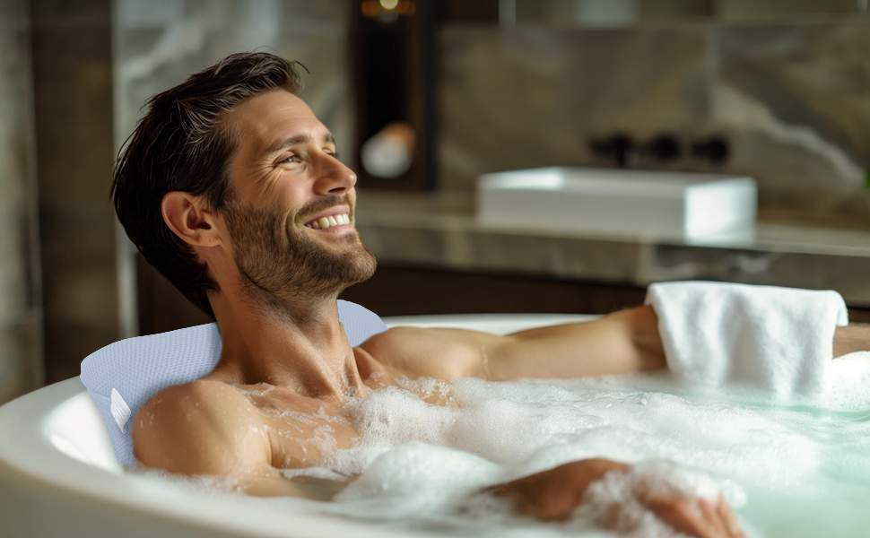 Подушка для ванни з сіткою для прання - Максимальний комфорт та розслаблення з новітньою технологією Air Mesh - Подушка для ванни з 4 міцними присосками - Підтримка шиї/голови (Світло-блакитний)