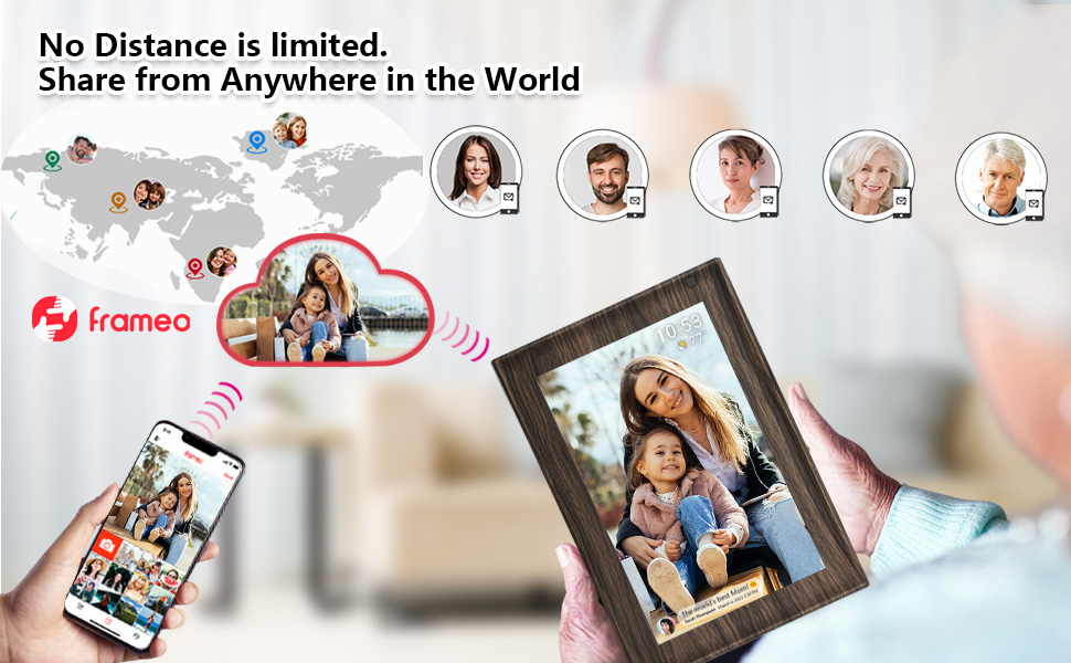 Цифровий фоторамка Frameo з Wi-Fi, 32GB, 10.1 дюйма, сенсорний екран, автоповорот, датчик руху, Frameo App для обміну фотографіями з будь-якого місця