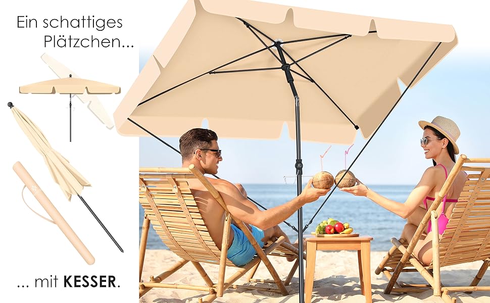 Прямокутна парасолька KESSER 200x125см, регульована, з чохлом і сумкою для перенесення (бежева)