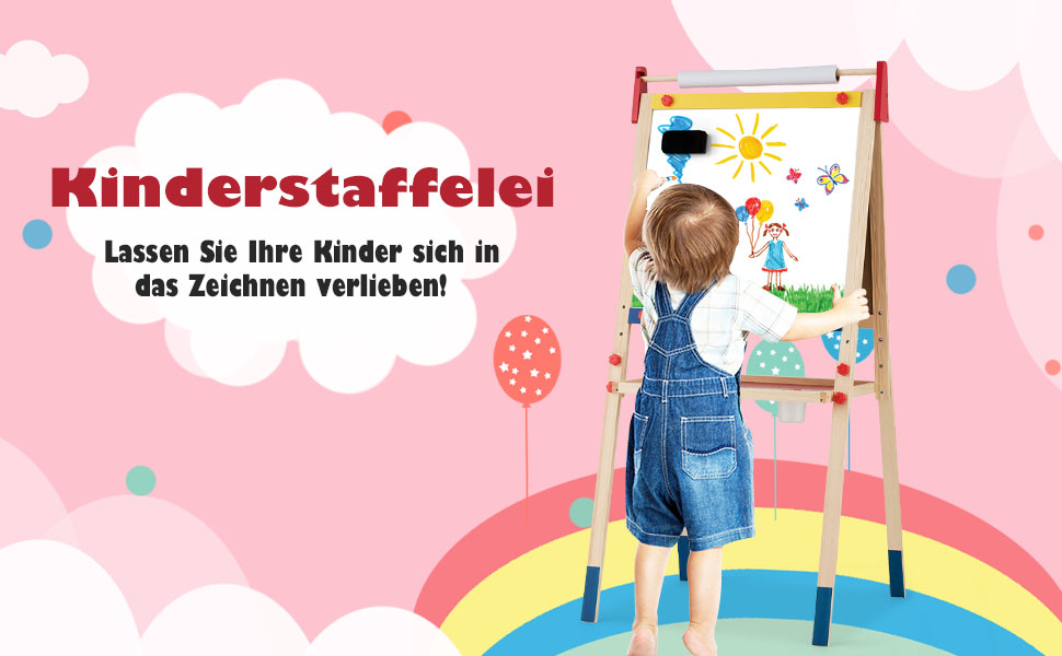 Мольберт для дітей GOPLUS, двосторонній набір для малювання з дошками для крейди та маркерів, регульований стійка, фарби, крейда, ластик, магнітні наклейки