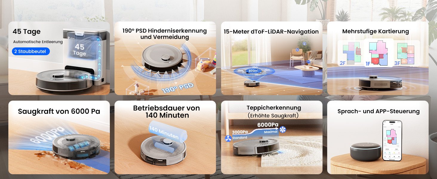 Робот-пилосос LEFANT M2 Pro Mondgrau з функцією миття, 5000Pa, LiDAR, 150 хв, розпізнавання килима, керування через додаток/голос, для видалення шерсті тварин, чорний