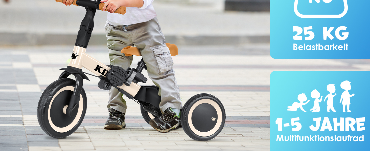 Біговел-триколіс KIDIZ 6-в-1 для дітей від 1 до 5 років (бежевий) до 25 кг з ручкою, захисним бампером, ременем безпеки, дзвінком та дзеркалом