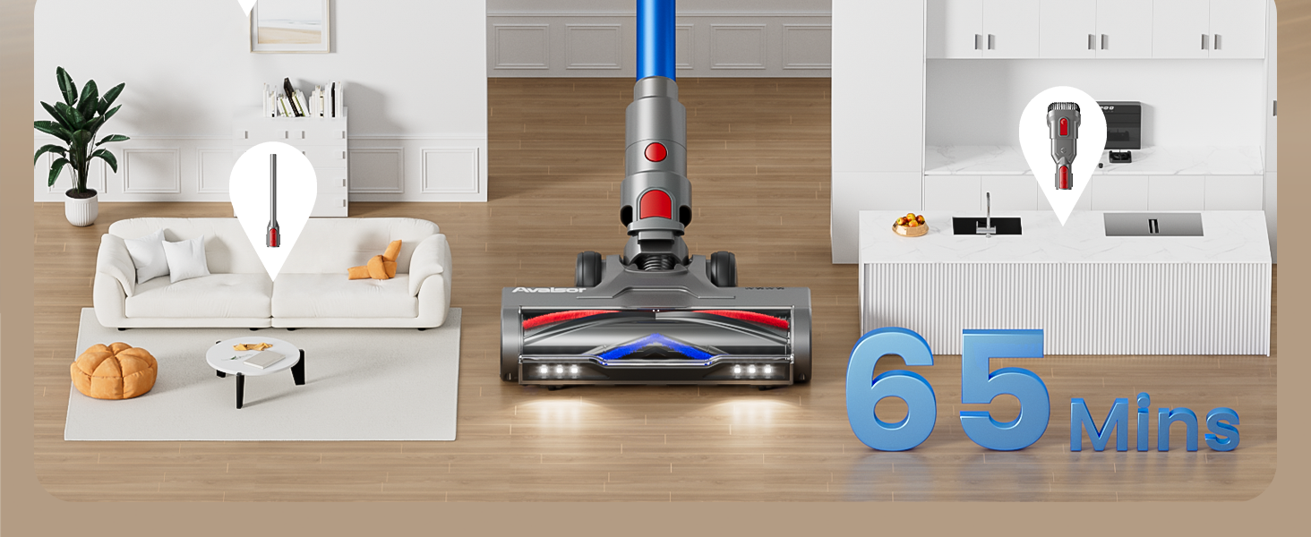 Бездротовий акумуляторний пилосос 48000Pa/580W/65Min, об'єм 1,8L, з функцією від'єднання пилу, антизаплутана щітка, 8-ступенева фільтрація. Підходить для килимів, шерсті тварин та твердих поверхонь. Колір: блакитний