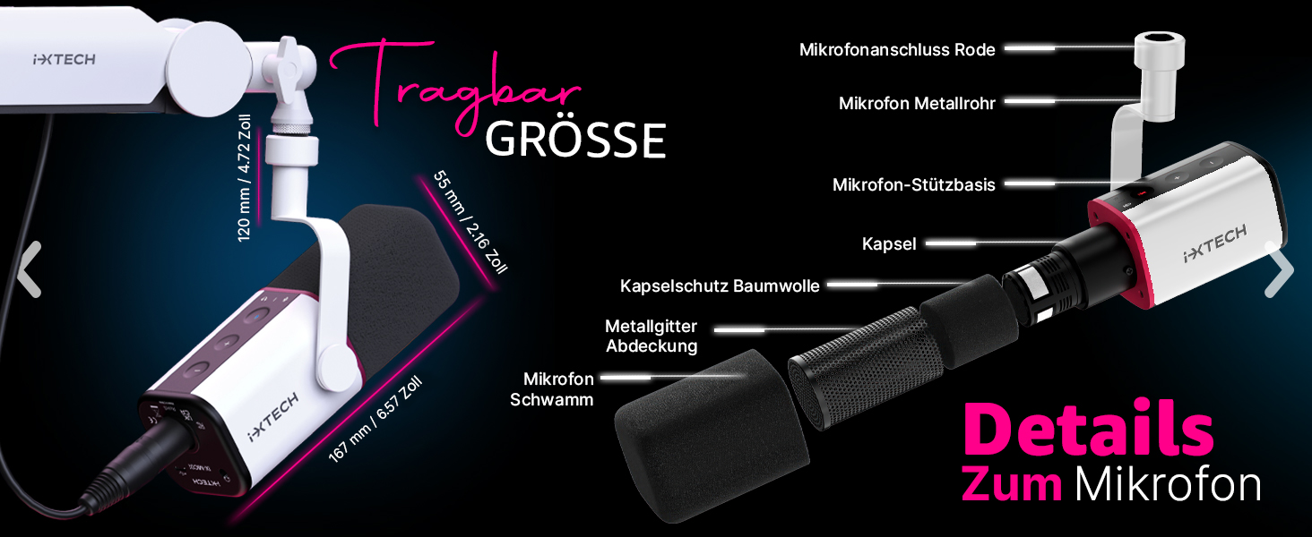 IXTECH Динамічний мікрофон із кардіоїдною діаграмою, RGB підсвітка, USB/XLR, для співу, подкастів, стрімінгу, запису, ігор та озвучування, білий