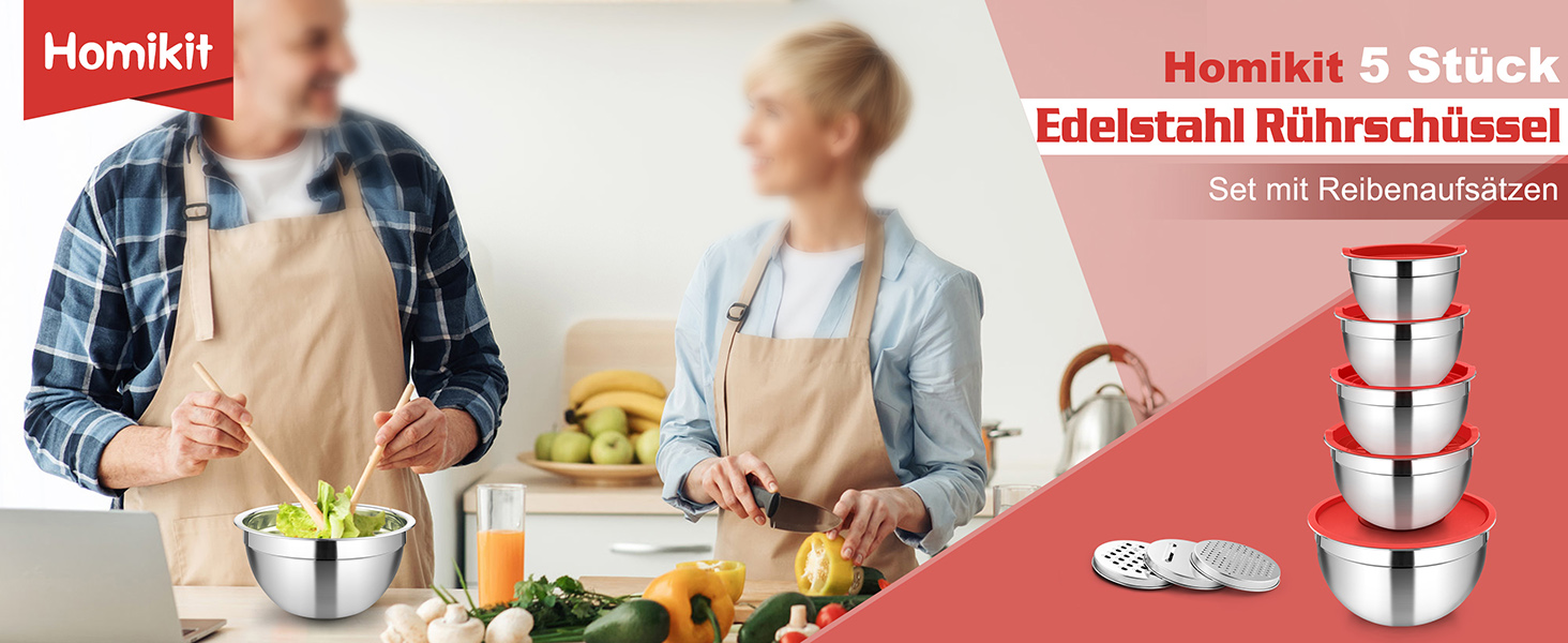 Набір мисок Homikit, 5 шт. з нержавіючої сталі, з кришкою та силіконовим дном, мультифункціональний, для салатів, 6.6L / 3.5L / 2.5L / 1.5L / 1L (червоний, з 3 тертками)