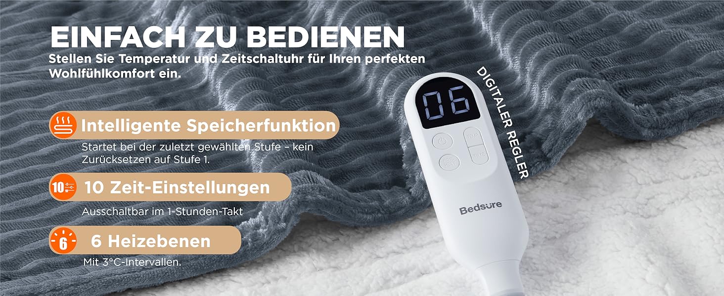 Електрична ковдра BEDSURE з автовимкненням, 130x180 см, сіра. Ковдра з підігрівом, 6 температурних режимів, таймер 10 годин. Чудовий подарунок для жінок та мами на Різдво.