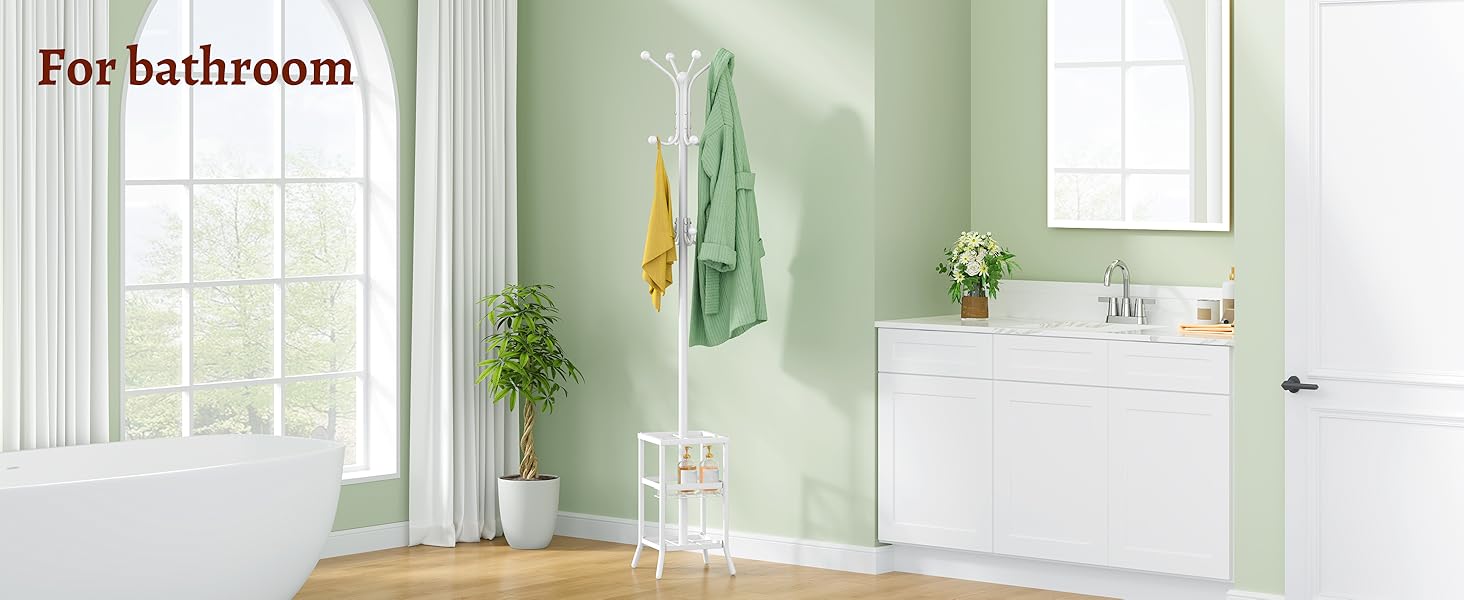 Настінна вішалка для одягу FAVOOSTY з підставкою для парасольки, 12 гачків, стійка для пальто, вішалка для одягу в вітальню, спальню, срібна (білий)