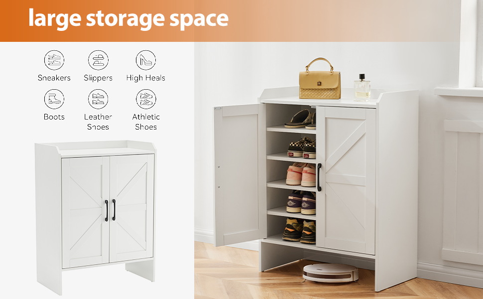 Шафа для взуття 5-ярусна в стилі фермерського дому з 2 дверцятами, самостійна шафа для взуття з регульованою полицею та металевими кутовими прикрасами для передпокою та коридору, біла