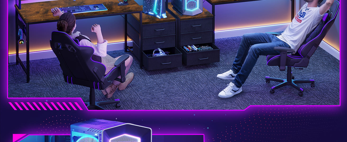 Ігровий стіл Coleshome з полицями та ящиками, 137x48 см. Стіл для геймінгу з LED-підсвічуванням та розеткою, комп'ютерний стіл з місцями для зберігання та підставкою для монітора (Коричневий)