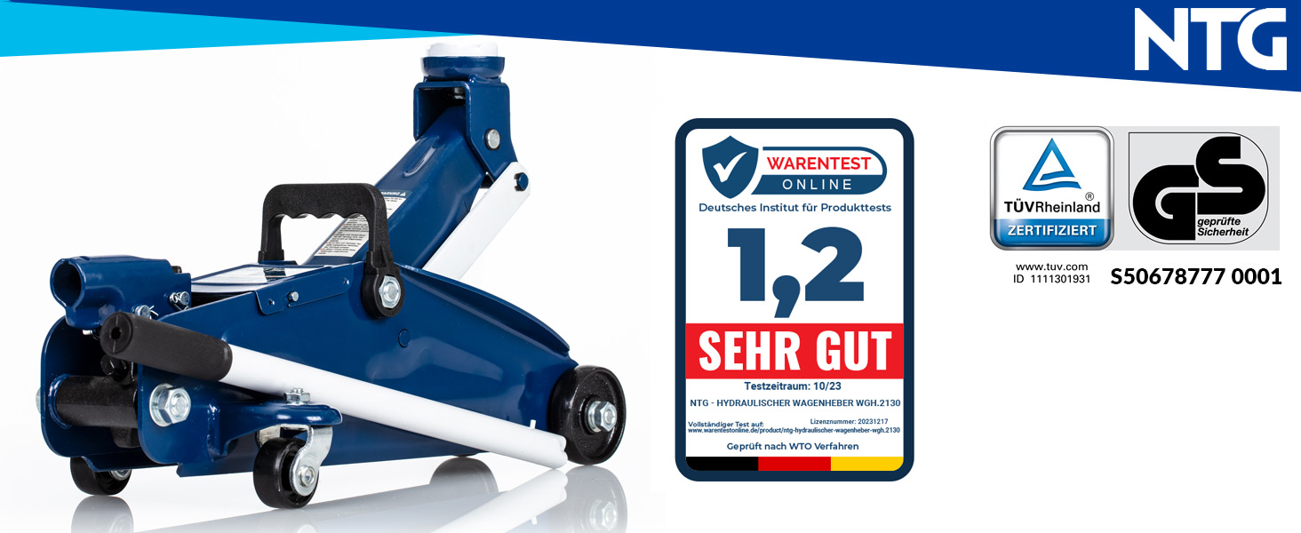 Гідравлічний домкрат NTG 2T (2000 кг) з сертифікатом TÜV, сталева конструкція, висота підйому 130-330 мм - для автомобілів, заміни шин