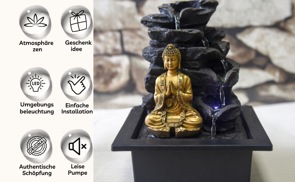 Штучний фонтан для саду Zen Light Shira - чорний, з LED-підсвіткою та насосом, з штучного каміння