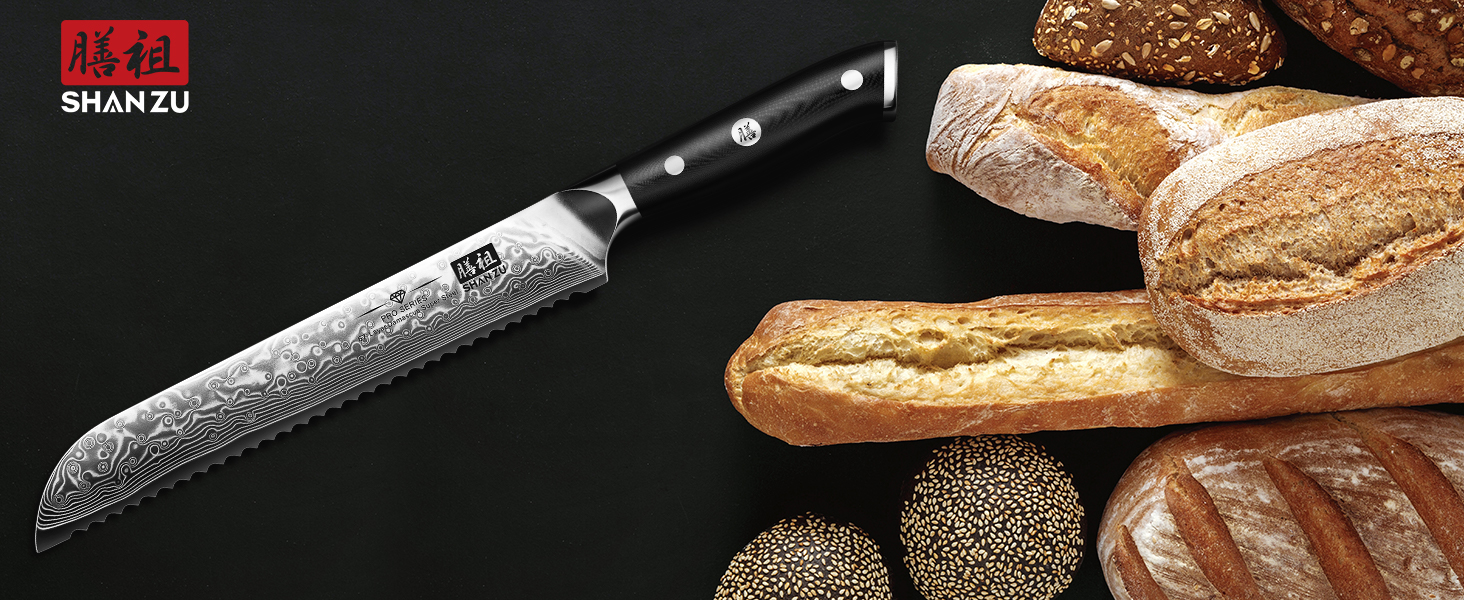 Японський кухонний ніж SHAN ZU 15 см з дамаської сталі (PRO Series) - ніж для хліба, 67 шарів вуглецевої сталі, G10 ручка