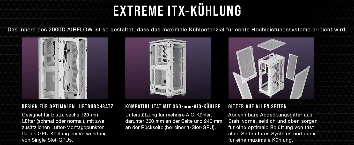 Корпус Corsair 2000D Airflow Mini ITX - Сітчаста сталь - 3 слоти для графічного процесора - Оптимізоване охолодження - Передній ввід/вивід - Чорний
