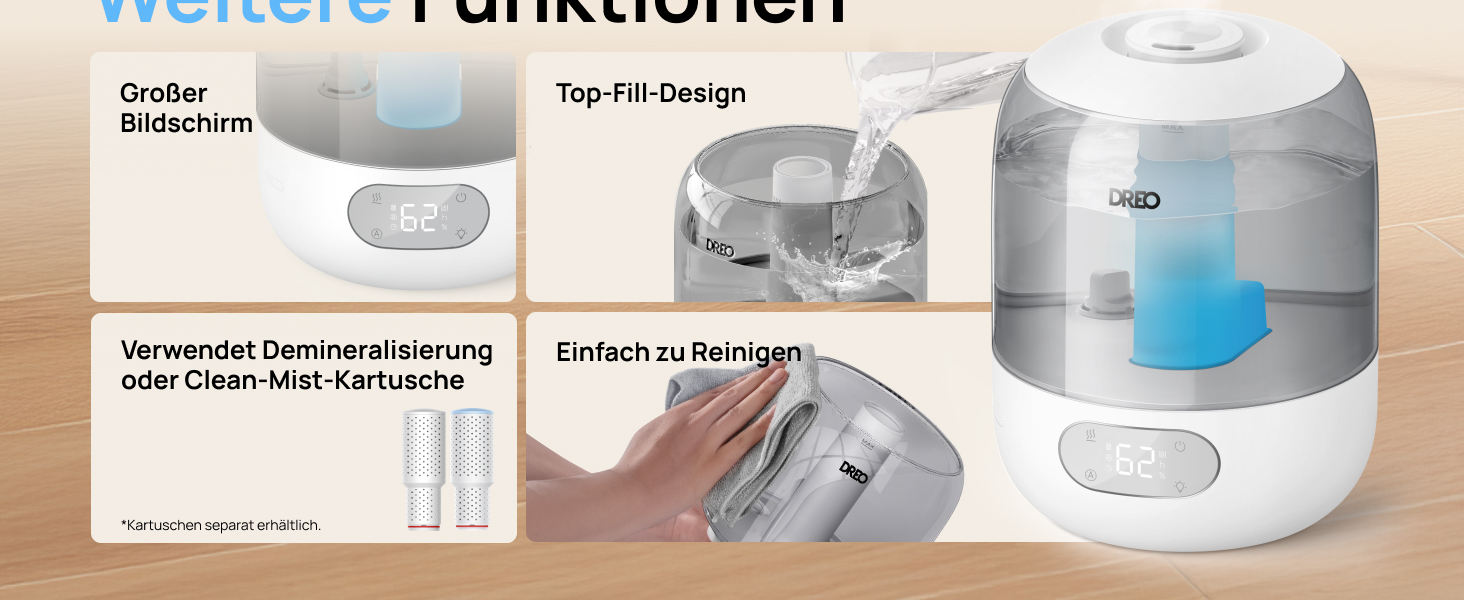 Зволожувач повітря Dreo для спальні, ультразвуковий холодний туман, 30 годин роботи, 3л резервуар, датчик вологості, нічник для дітей, кімнатних рослин та дому (Сірий)