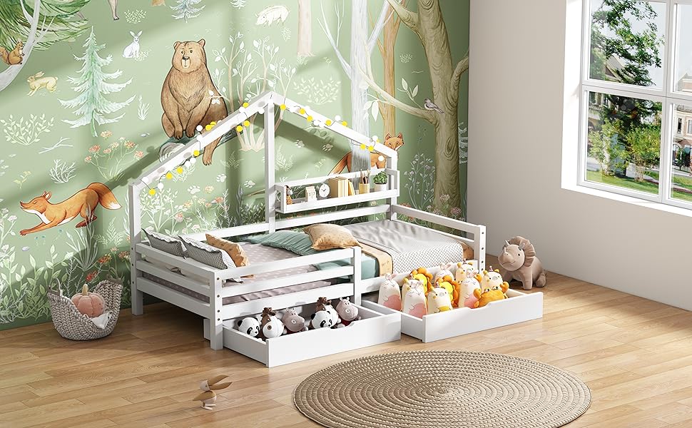 Ліжко дитяче Merax 90x200 з бортиками, ящиками та полицею, біле. Дерев'яне ліжко-будиночок для дітей.