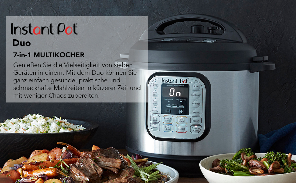 Розумна плита Instant Pot 7-в-1 5.7 л - скороварка, мультиварка, рисоварка, сотейник, йогуртниця, пароварка та підігрівач їжі, чорна/нержавіюча сталь (Duo, 7.6 л)