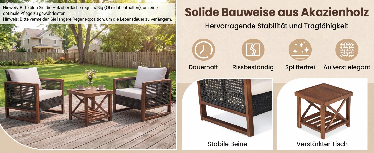 Набір садово-розкладних меблів GIANTEX з ротангу (3 шт.), садова група для балкону на 2 особи, Lounge Set з 2 кріслами та дерев'яним столом, коричневий, з подушками