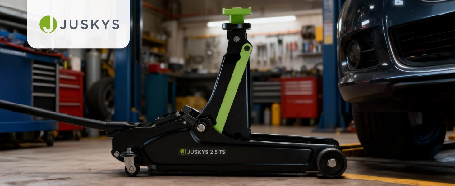 Підйомник гідравлічний Juskys 2.5 т, сталевий, 85-390 мм, з кейсом, гумовими накладками та аксесуарами - Чорно-зелений